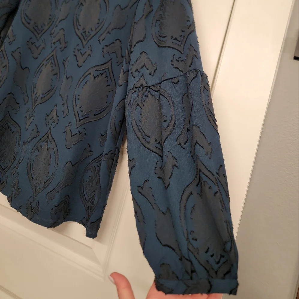 ANN TAYLOR LOFT Teal Blue Patterned Balloon Longsleeve Shirt Medium Petites - Picture 4 of 9